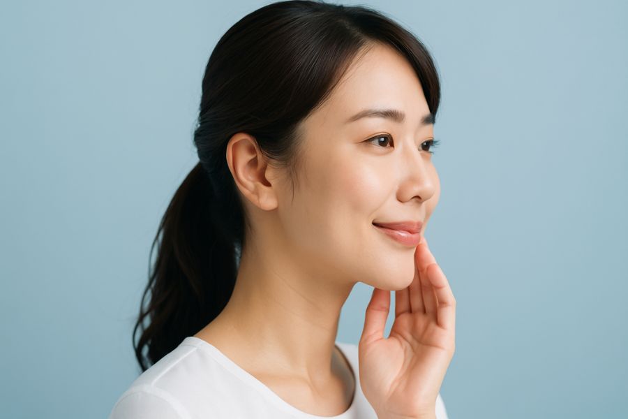 バッカルファットの位置を示す日本人女性の横顔、頬のラインに手を添えて頬脂肪体の役割を理解する様子