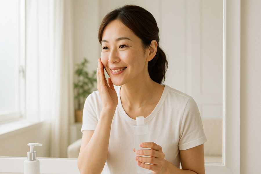 バッカルファット除去の術後ケアを実践する女性、洗面所で丁寧なスキンケアと適切なアフターケア