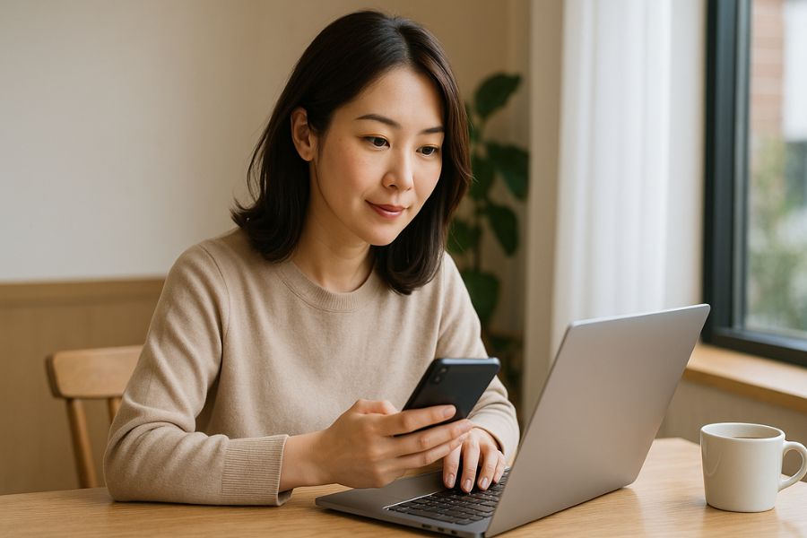 バッカルファット除去のクリニック選びで情報収集する女性、パソコンとスマートフォンで複数の医療機関を比較