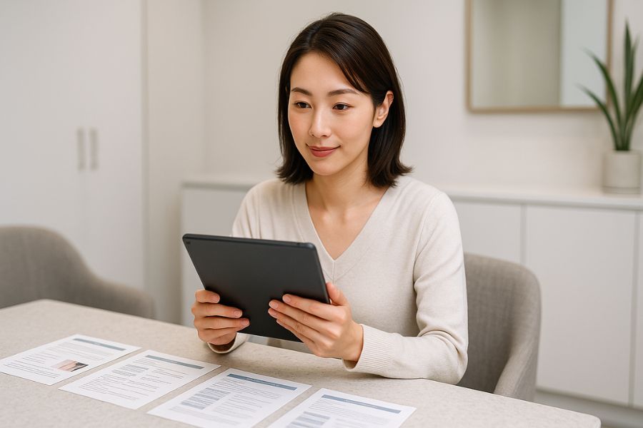 バッカルファット除去と他の小顔施術の違いを比較検討する女性、タブレットで複数の治療オプションを確認