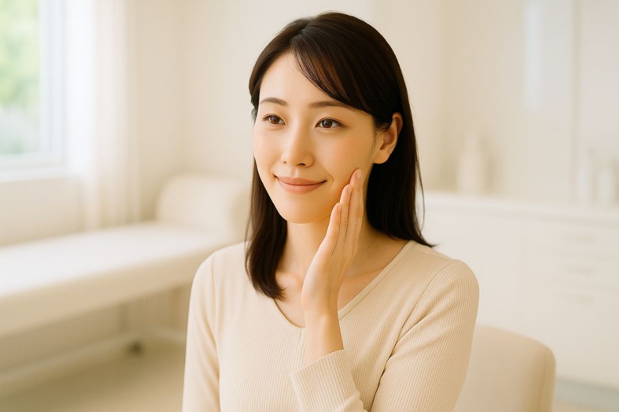 バッカルファット除去のカウンセリングを受ける日本人女性、明るいクリニックで鏡を見ながら頬のラインを確認している様子