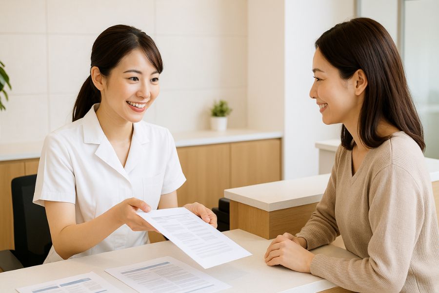 バッカルファット除去の料金説明を受ける患者、クリニックの受付で透明性のある費用案内と丁寧な対応