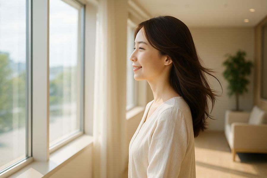 バッカルファット除去を前向きに検討する女性、クリニックの窓辺で未来への希望を感じながら意思決定