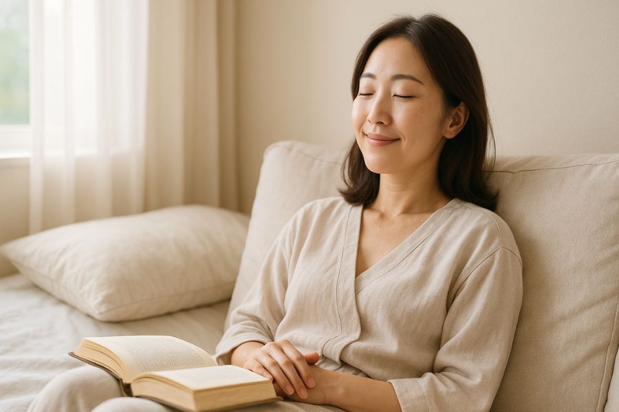 バッカルファット除去の術後ダウンタイム中にリラックスする女性、自宅で快適に回復期間を過ごす様子