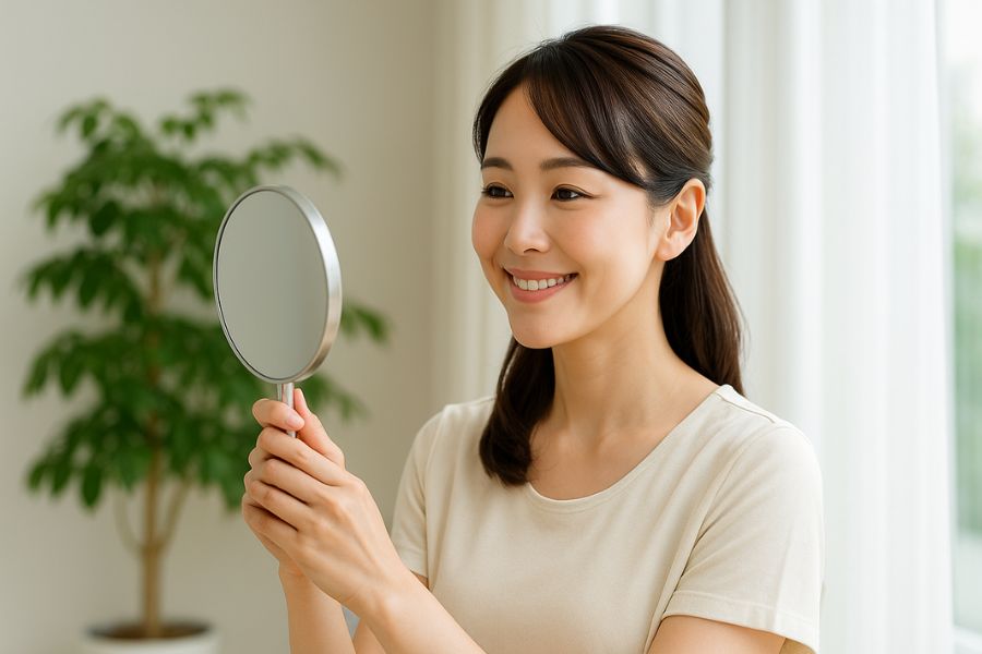 バッカルファット除去の小顔効果を鏡で確認する日本人女性、満足そうな笑顔でフェイスラインの変化を実感
