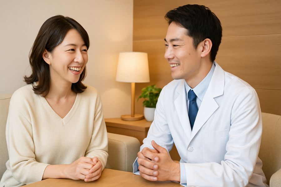 バッカルファット除去のよくある質問を確認する女性、クリニックのラウンジでQ&A情報を読んで疑問を解消