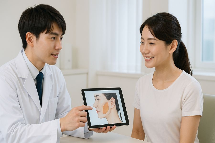 バッカルファット除去の施術方法を説明する形成外科医と患者、クリニックのカウンセリング室でタブレットを使った丁寧な説明