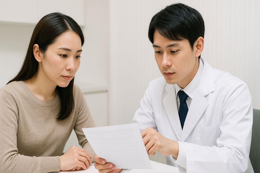 バッカルファット除去のリスクと副作用を医師から説明を受ける患者、クリニックで誠実なインフォームドコンセント
