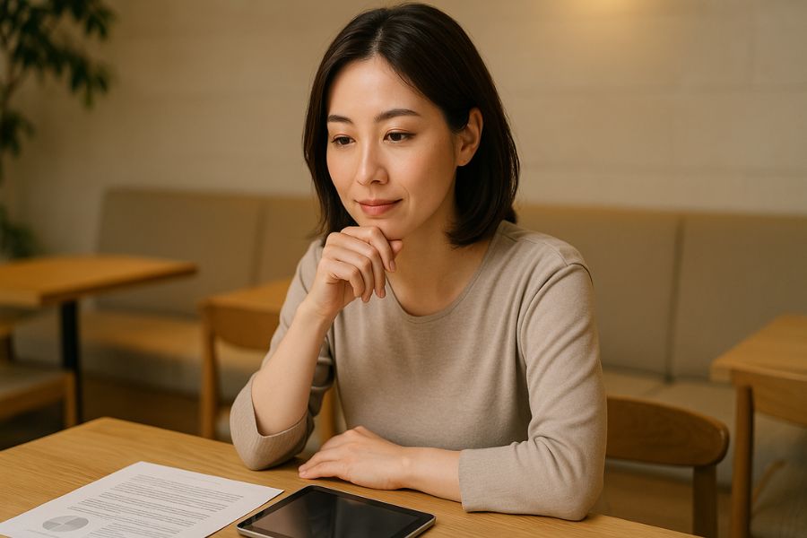バッカルファット除去の適応を慎重に検討する日本人女性、クリニックの相談エリアで資料を見ながら向き不向きを判断