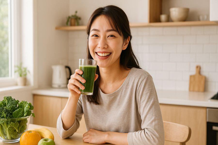 忙しい産後ママでも実践できる健康的なセルフケアとグリーンスムージーを持つ笑顔の女性