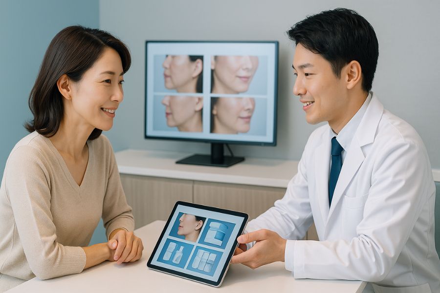 美容外科医が40代女性にたるみ改善の複数の治療オプションを説明している診察風景、信頼できる医療相談の様子