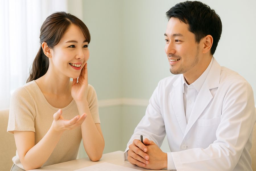 小顔整形のカウンセリングで医師に質問する20代女性、施術前の確認事項