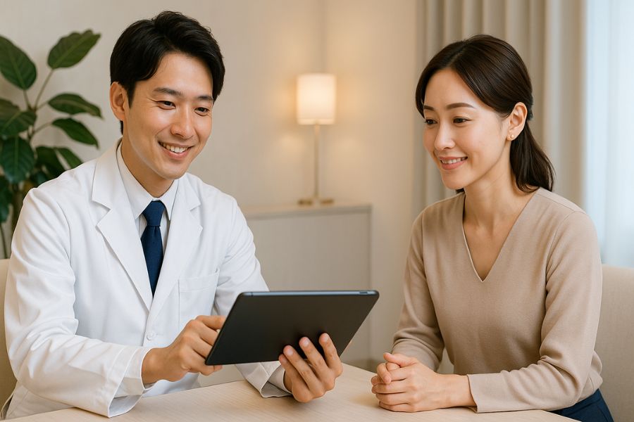 美容クリニックでクマ取り治療の相談をする女性と医師