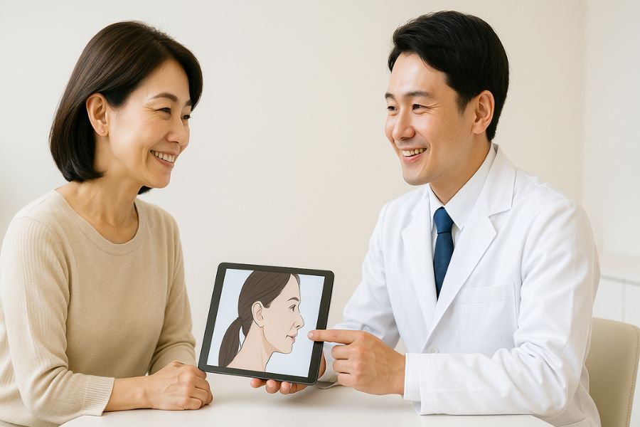 美容外科医が40代女性患者にたるみの原因を丁寧に説明している相談風景、清潔な診察室での信頼関係を表す画像