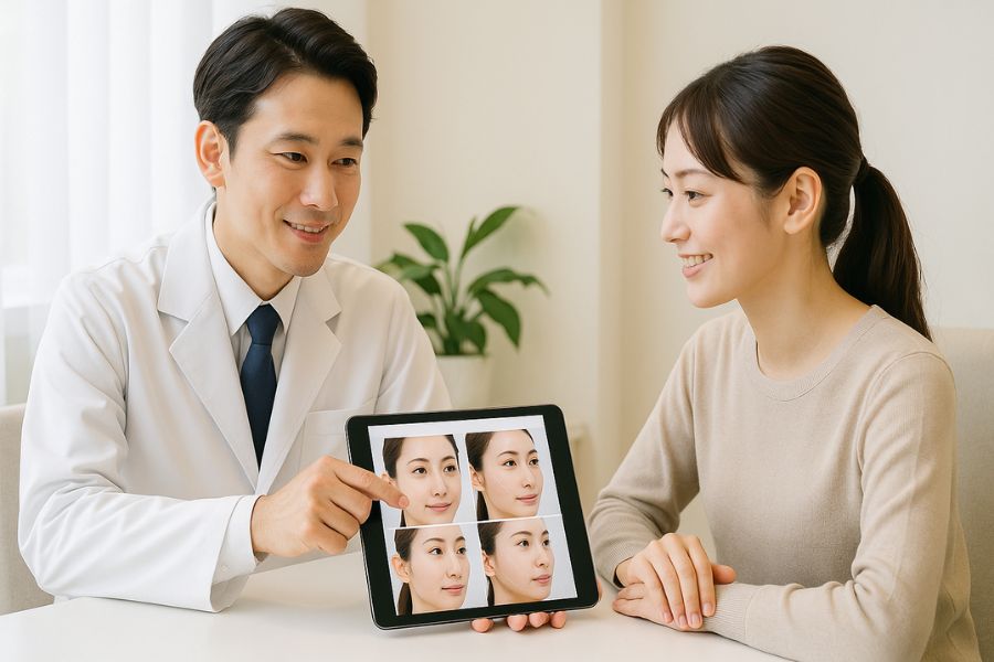 美容クリニックの医師が20代女性患者に小顔整形の施術の種類を説明している場面