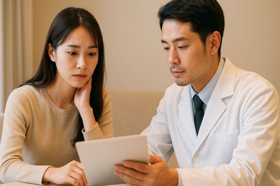 美容クリニックの医師が20代女性に小顔整形の注意点とリスクを説明している様子