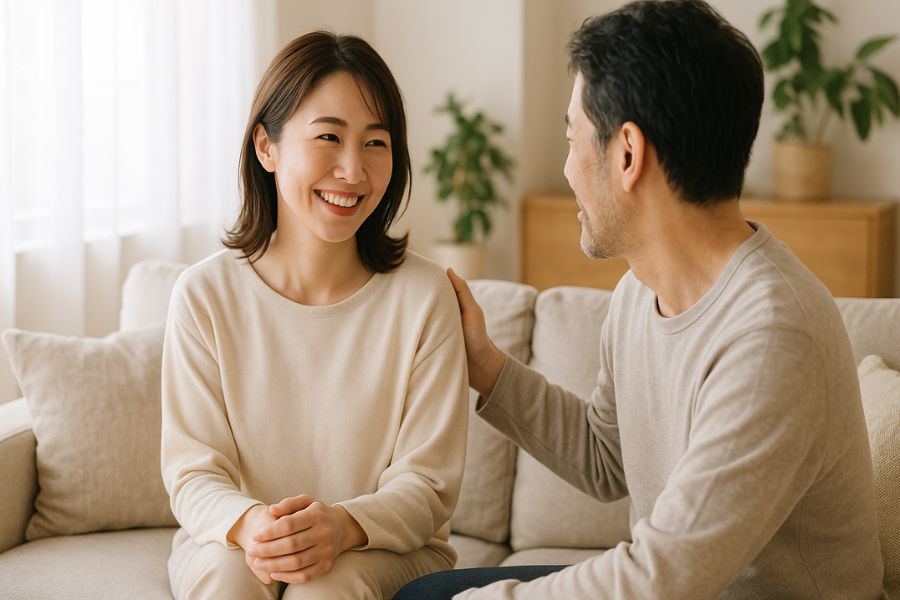 産後の美容ケアについて家族のサポートを得ながら前向きに話し合う夫婦
