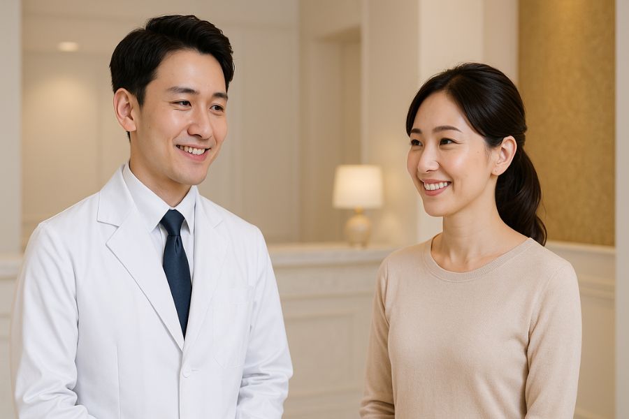 福岡天神美容クリニックのアフターケア体制、日本人医師と患者が信頼関係を築きながら相談する様子