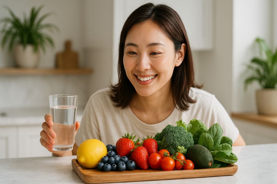 脂肪吸引後の回復を促進する健康的な食事習慣、新鮮な野菜や果物を前に笑顔の日本人女性