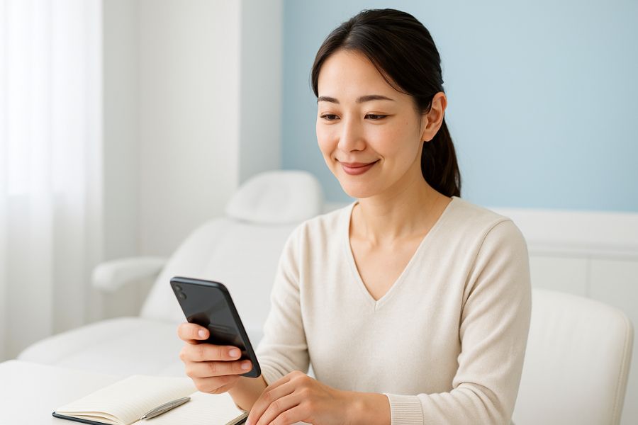 脂肪吸引後のアフターケアの重要性について情報を確認する日本人女性、タブレットを見ながら理解を深める様子