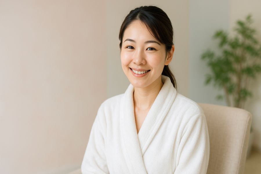 脂肪吸引後のアフターケアについて安心した表情で相談する日本人女性、明るく清潔な美容クリニックのカウンセリングルーム