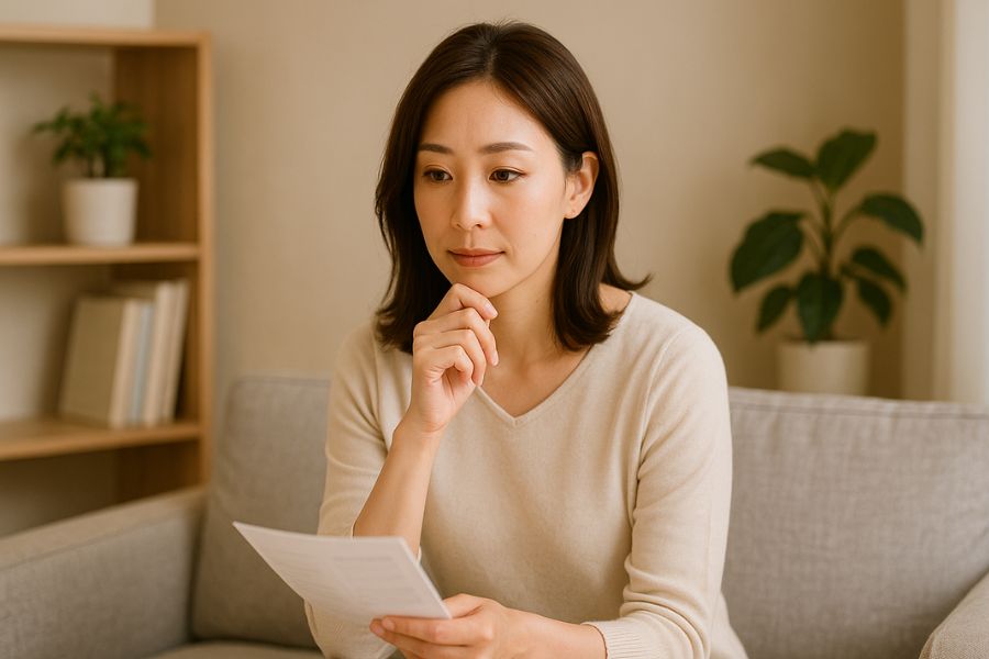 脂肪吸引のリスクと副作用について慎重に検討する日本人女性、落ち着いた表情で情報を吟味