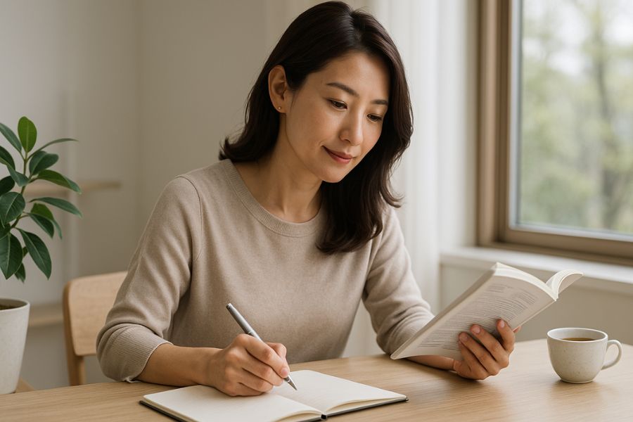 産後の長期的な美容戦略を計画する40代女性の自己投資シーン