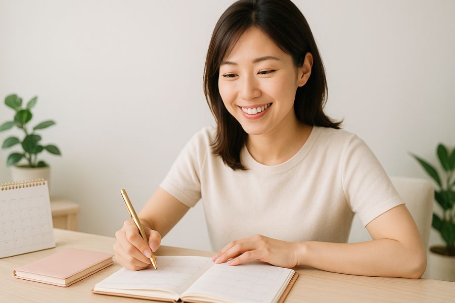 脂肪吸引後の期間別ケアスケジュールを計画する日本人女性、カレンダーと手帳で回復期間を前向きに管理