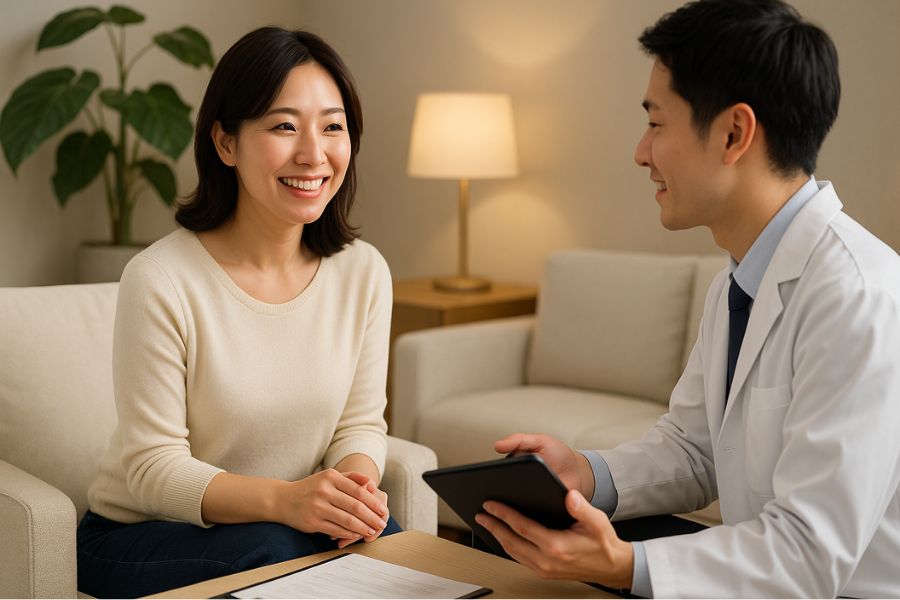 授乳終了後の本格的な美容治療オプションについて医師とカウンセリングする女性