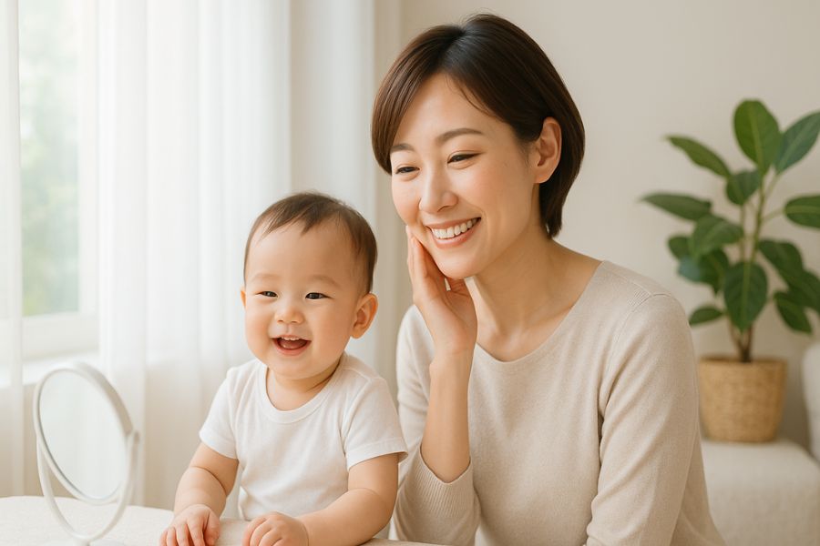 産後の顔の変化に前向きに向き合う30代女性が鏡の前で微笑む様子