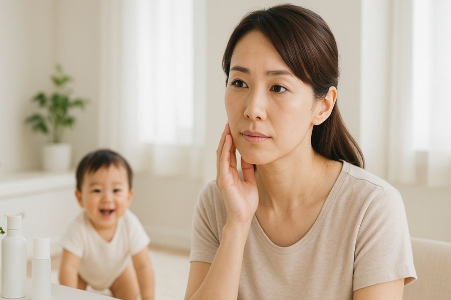 鏡で自分の肌状態を確認する産後ママの前向きなスキンケアシーン