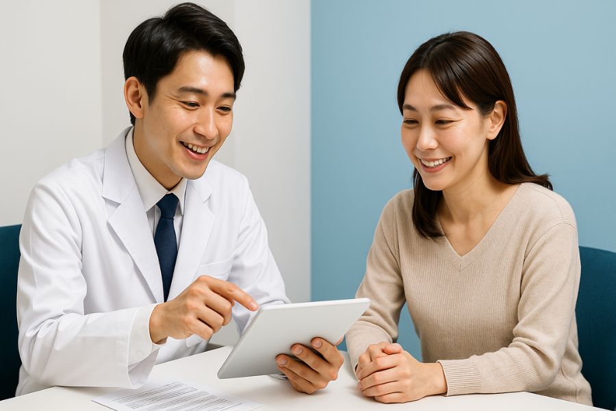 産後の肌変化について医師が女性患者に医学的メカニズムを説明するカウンセリング風景