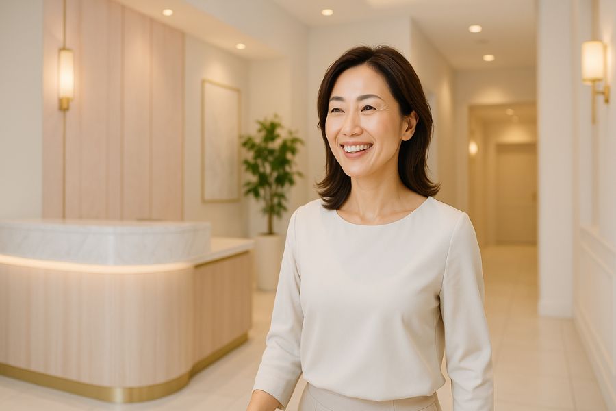 たるみ治療に満足した40代女性が笑顔でクリニック内を歩く様子、清潔で洗練された美容クリニックの高級感ある内装