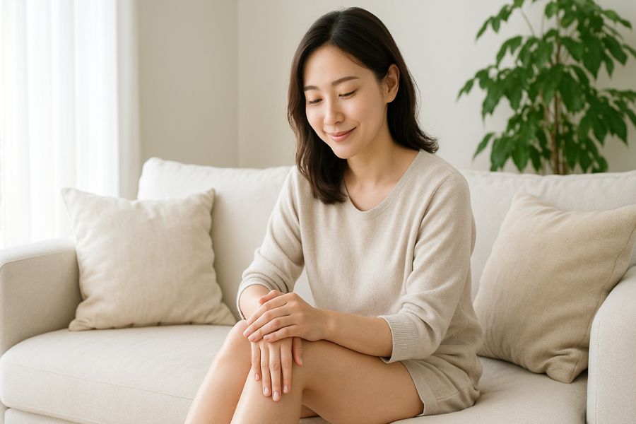 脂肪吸引後の症状別アフターケアを実践する日本人女性、自宅のソファでリラックスしながらセルフケアの時間を過ごす