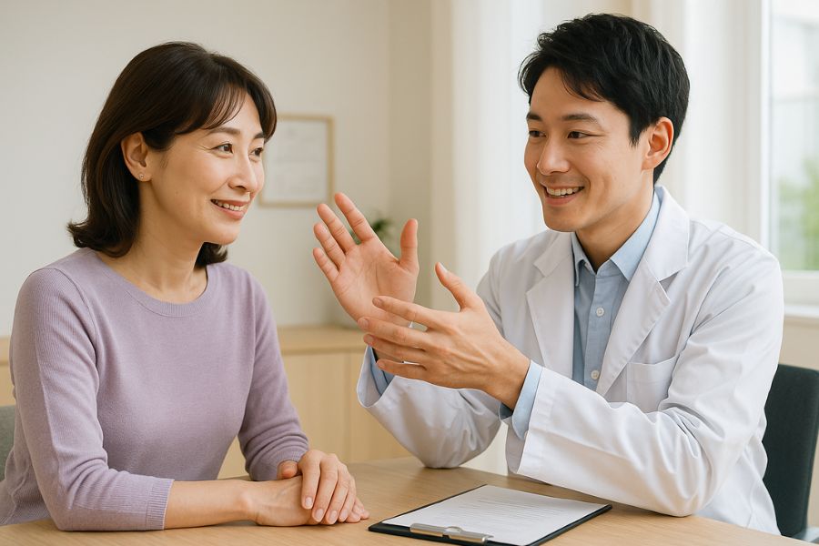 糸リフトの仕組みについて医師からカウンセリングを受ける女性