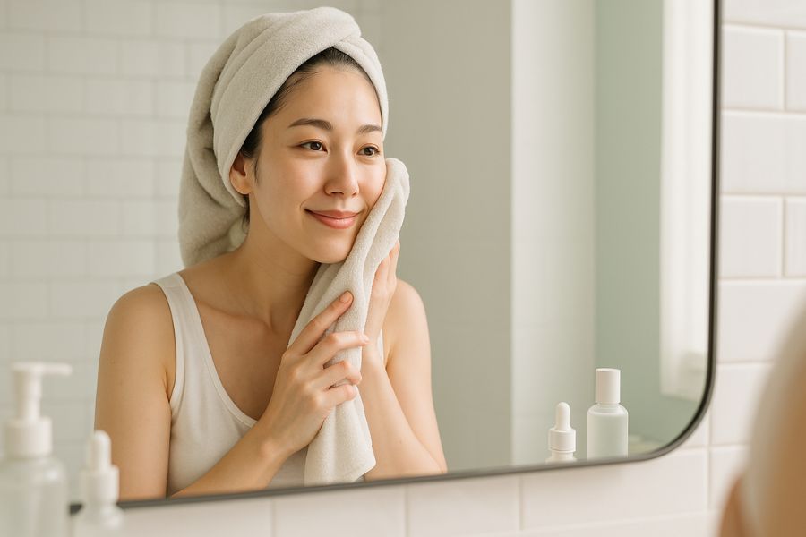 糸リフト術後の入浴で肌を優しくケアする女性