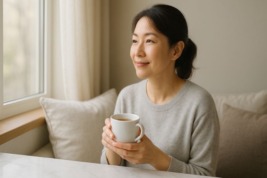 糸リフトのダウンタイム中に自宅で穏やかに過ごす女性