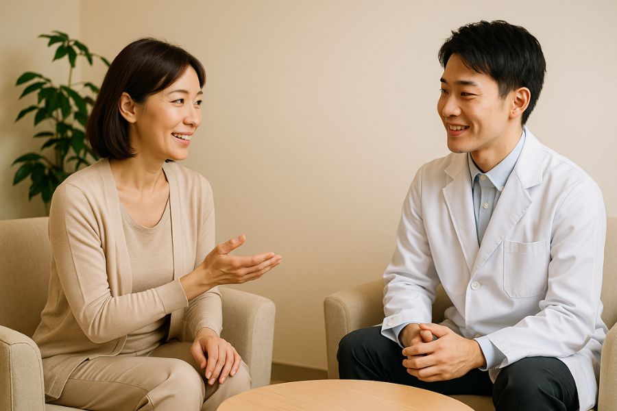 糸リフト術後の疑問について医師に相談する女性