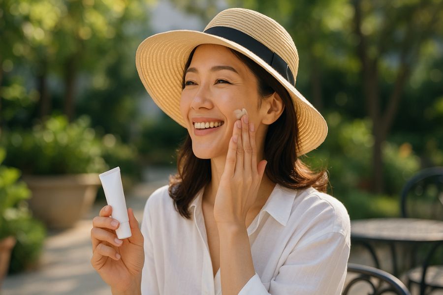 糸リフトの効果を長持ちさせるため紫外線対策をする女性