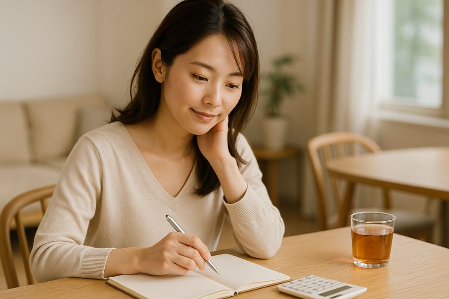 電卓とノートで小顔整形の費用と予算を計画する20代女性