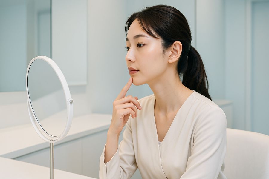 横顔のEラインを確認する20代女性、ヒアルロン酸注射で輪郭を整える検討