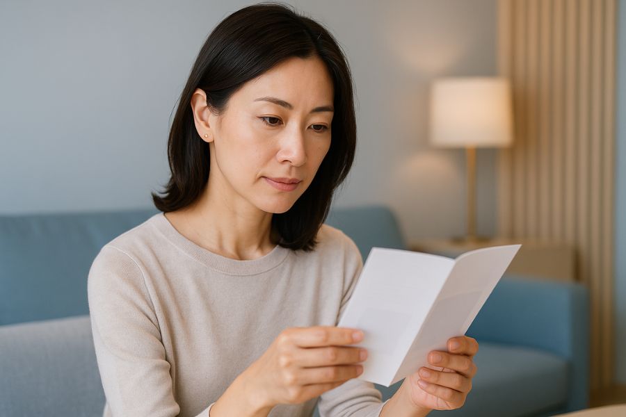 40代女性がクリニックの待合室でパンフレットを読みながら美容医療について思慮深く検討している様子