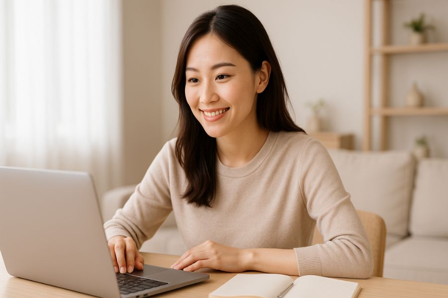 パソコンで美容クリニックを比較検討する20代女性、小顔整形のクリニック選び