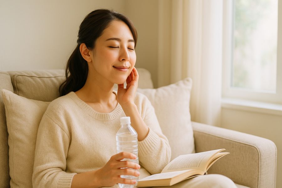 小顔整形の施術後にリラックスして休息をとる20代女性、ダウンタイム中のケア