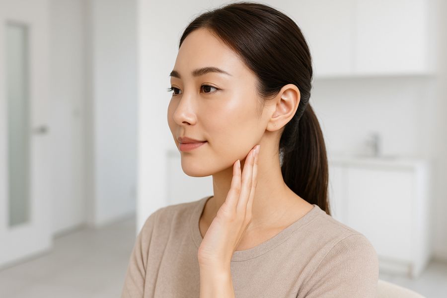 顎のラインを確認する20代女性、エラボトックス施術の検討