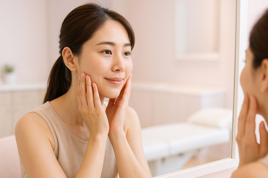 鏡で顔の脂肪やフェイスラインを確認する20代女性、脂肪吸引を検討中
