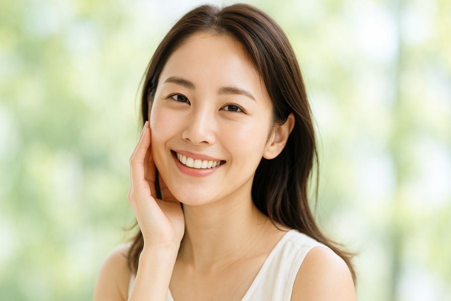 自然な笑顔の20代女性、健康的で理想的な小顔の美しさ