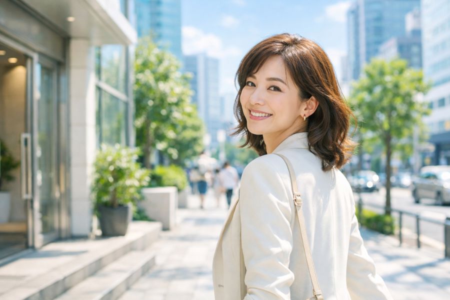 美容クリニックを出て前向きに歩み出す女性