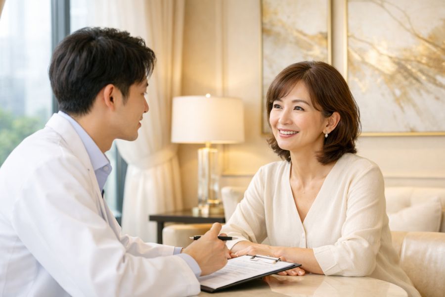 切開リフトについて医師に相談する50代女性