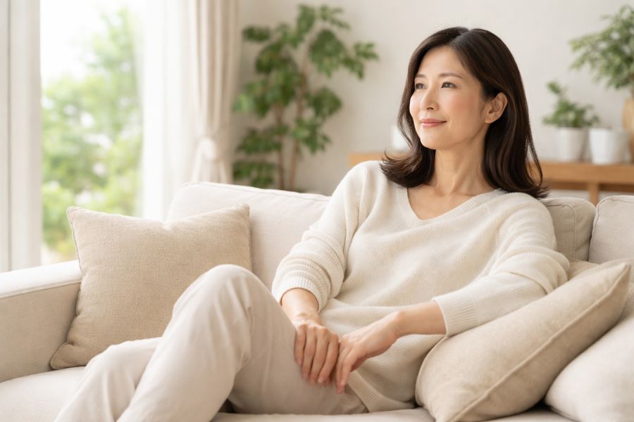 切開リフト後のダウンタイム期間を自宅で過ごす女性